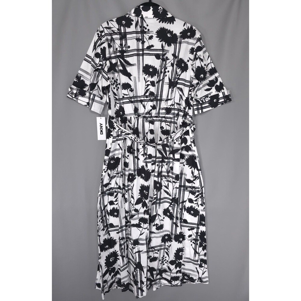 DKNY Women New‎ Shirt Midi Dress 6 Belted Cotton Black White Floral 100% Cotton